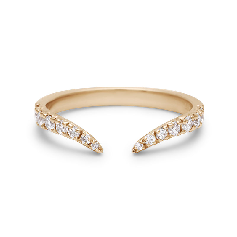 A white diamond dusted chrysalis shaped band with an open section in the front set in yellow gold., Yellow Gold