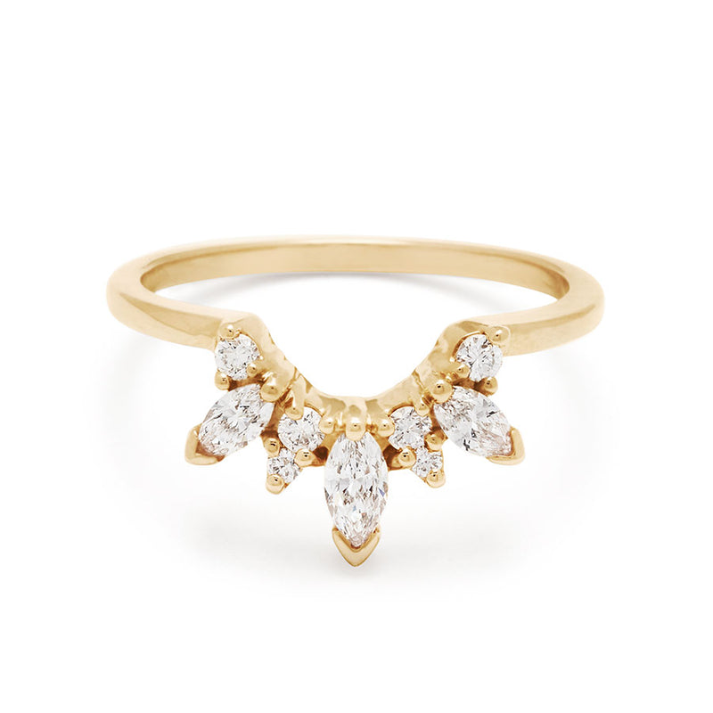 A band with three marquise shaped white diamonds with round white diamond set in yellow gold., Yellow Gold