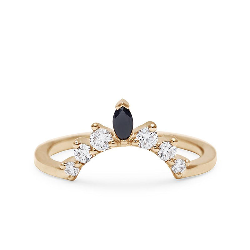 A curved band with three round white diamonds on either side of a marquise black diamond set in yellow gold., Yellow Gold
