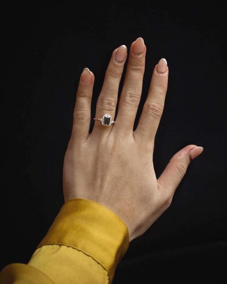 Gabbriette's Hand Black Diamond Halo Engagement Ring