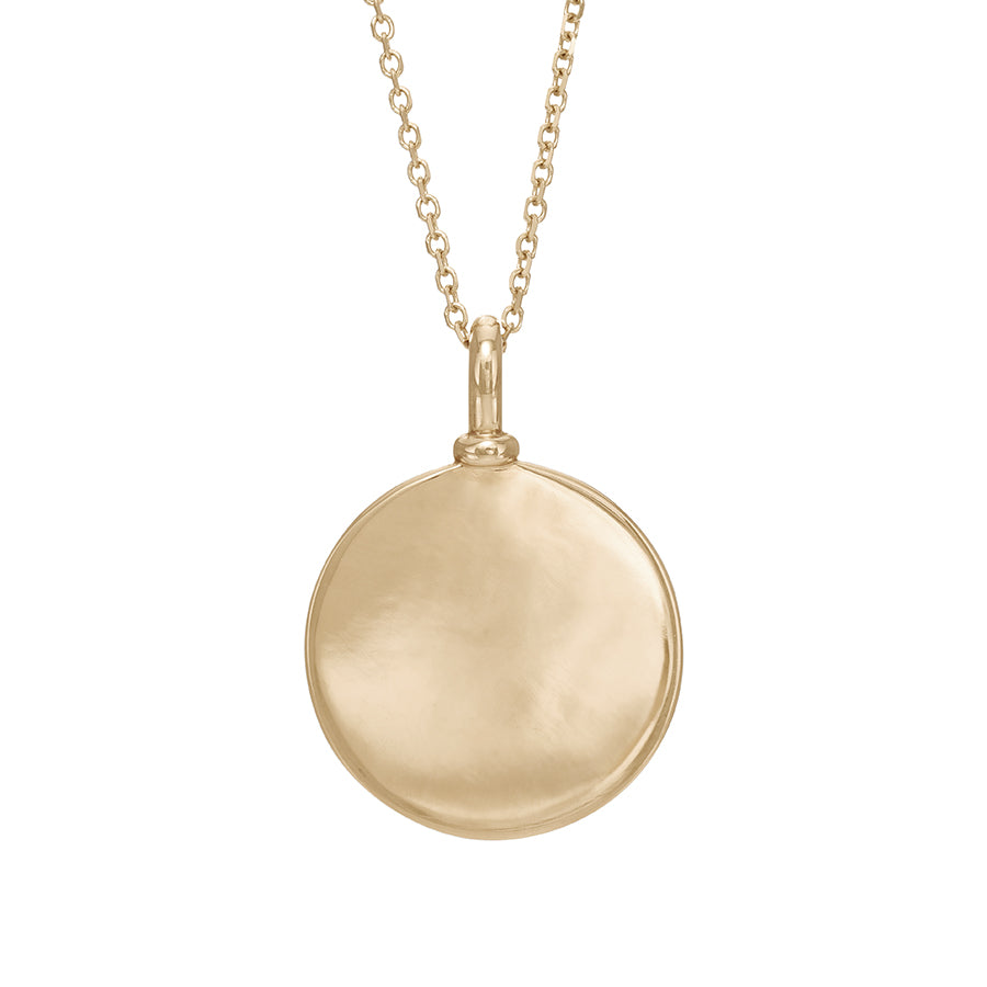 A 18mm plain gold charm set in yellow gold on a yellow gold chain., 18mm