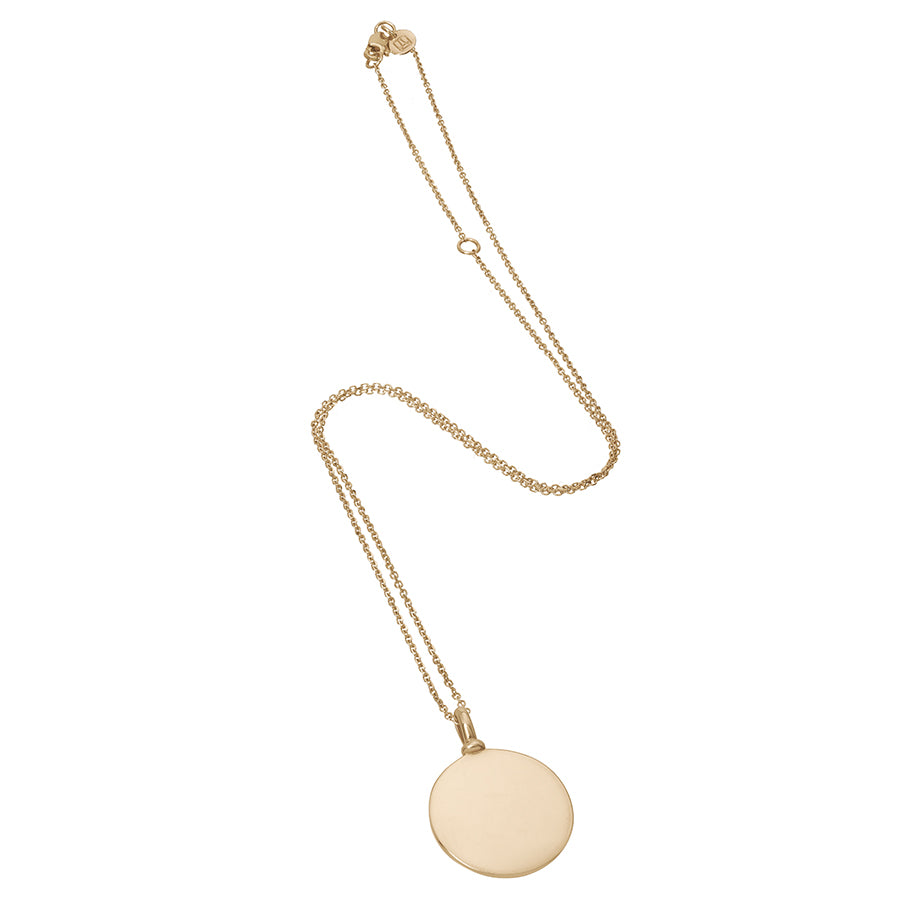 A 18mm plain gold charm set in yellow gold on a yellow gold chain., 18mm