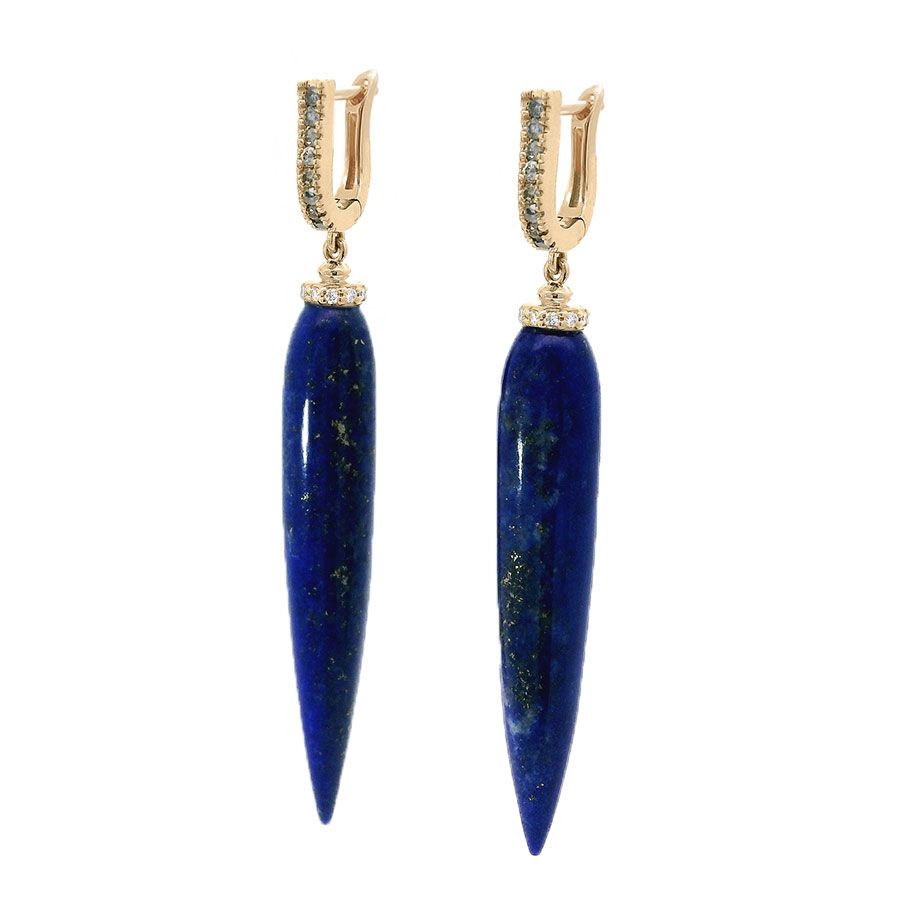 Pair of blue lapis lazuli earrings with gold and grey diamond accents on a white background
