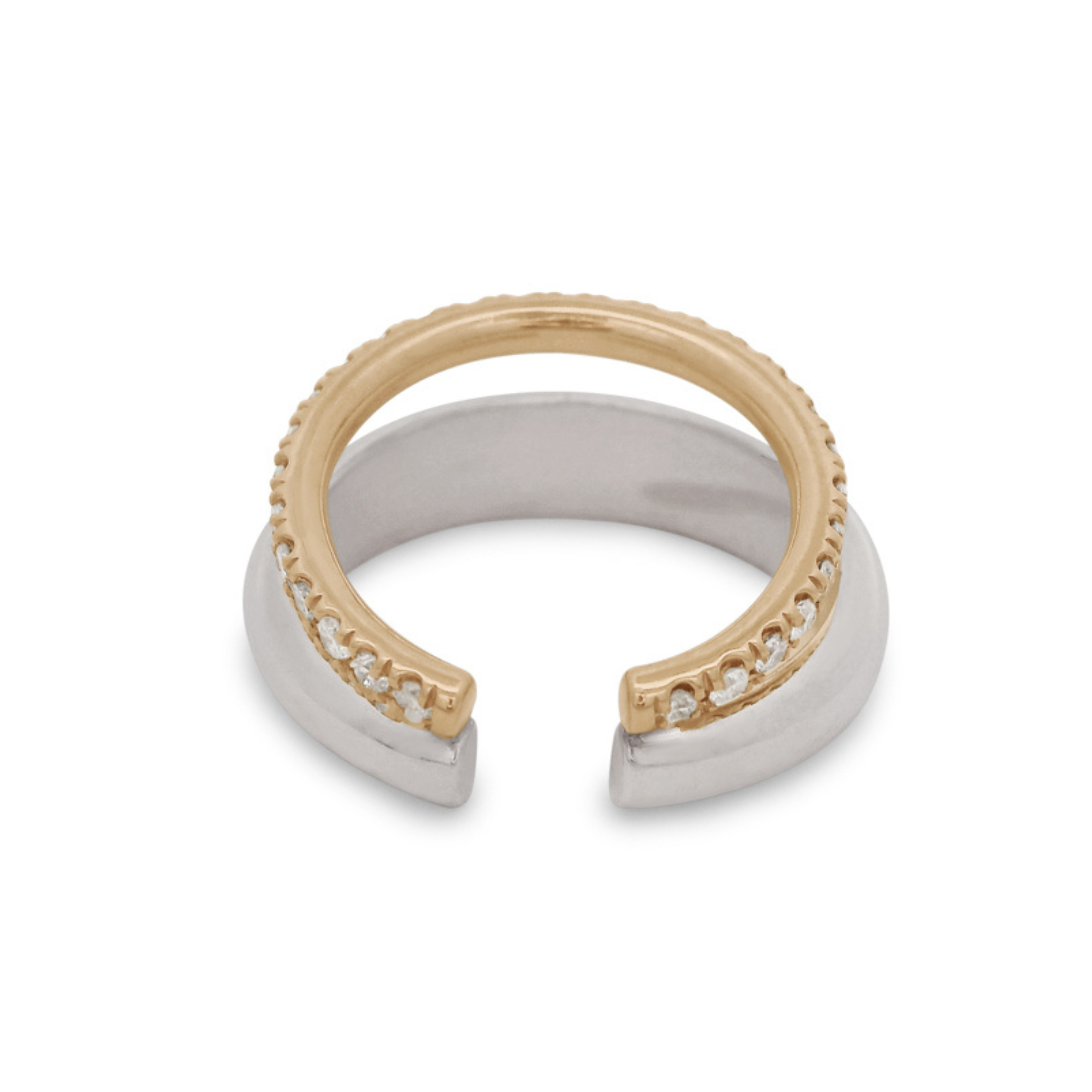 A double hoop earring cuff featuring a sterling silver hoop and a yellow gold hoop with white diamonds on a white background