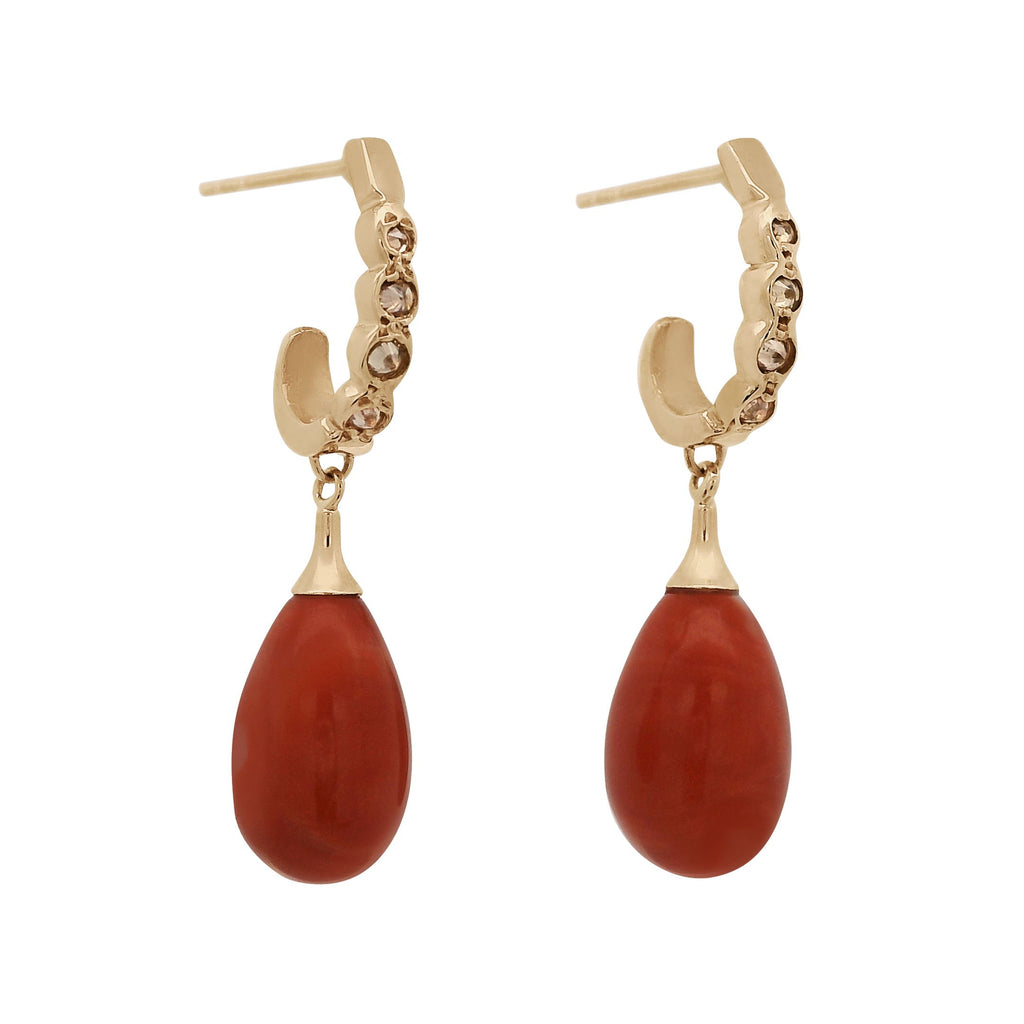 Coral drop earrings featuring champagne diamonds set in yellow gold.