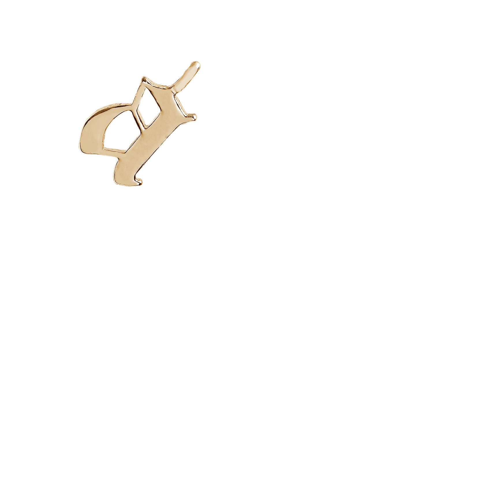 A left view of an overlay view of a "a" initial charm set in yellow gold., Letter A
