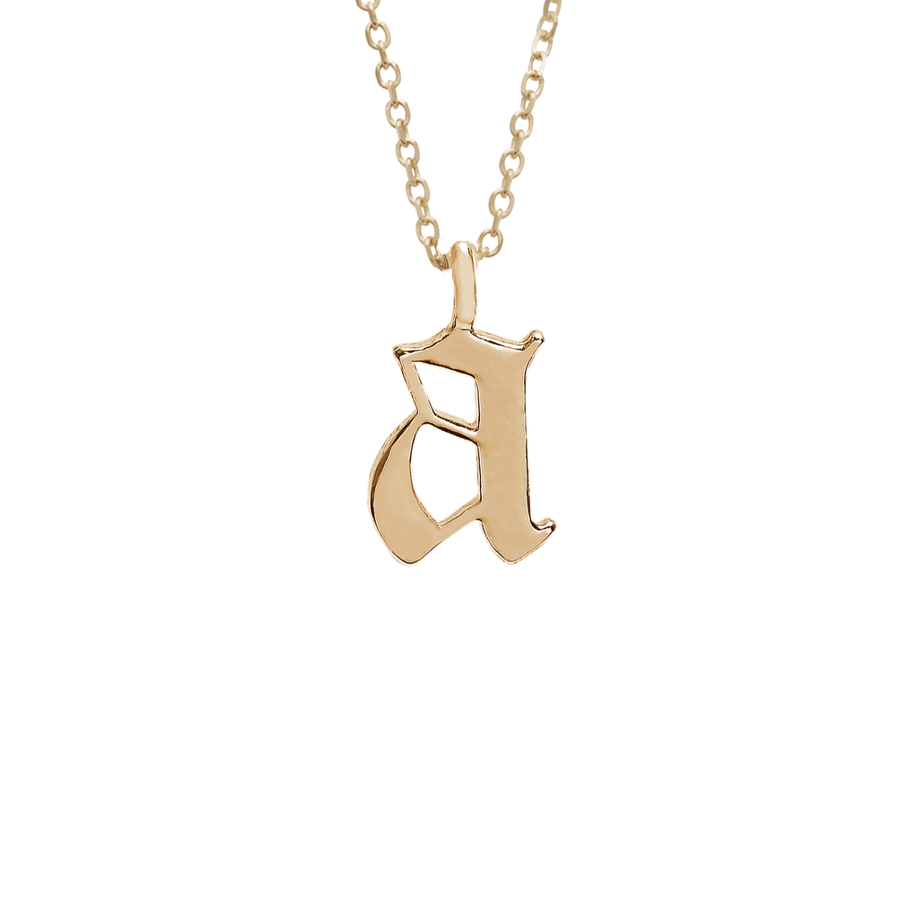 A "a" initial charm set in yellow gold on a yellow gold chain., Letter A