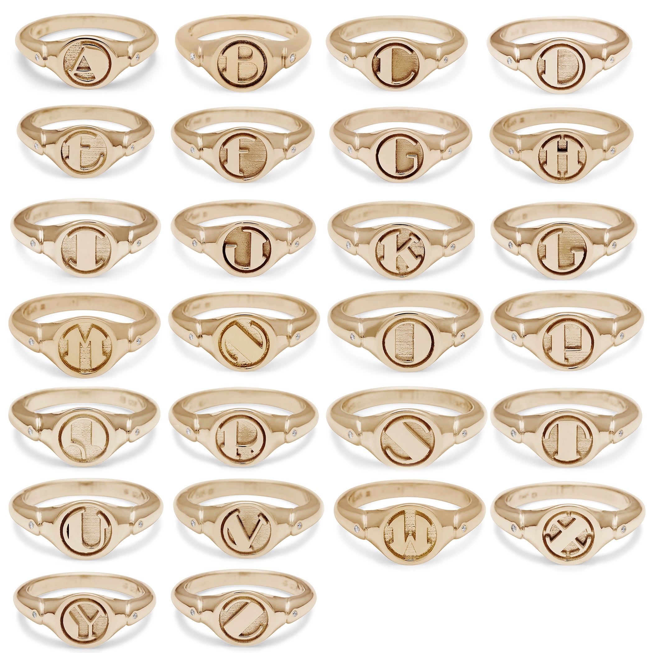 All letters in the alphabet listed for all yellow gold signet ring options.
