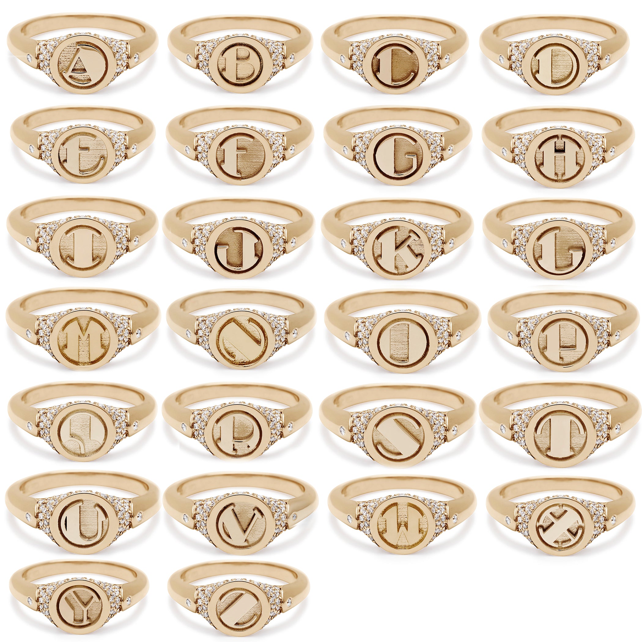 All 26 letter versions on monogrammed signet rings set in yellow gold with white diamond pave.