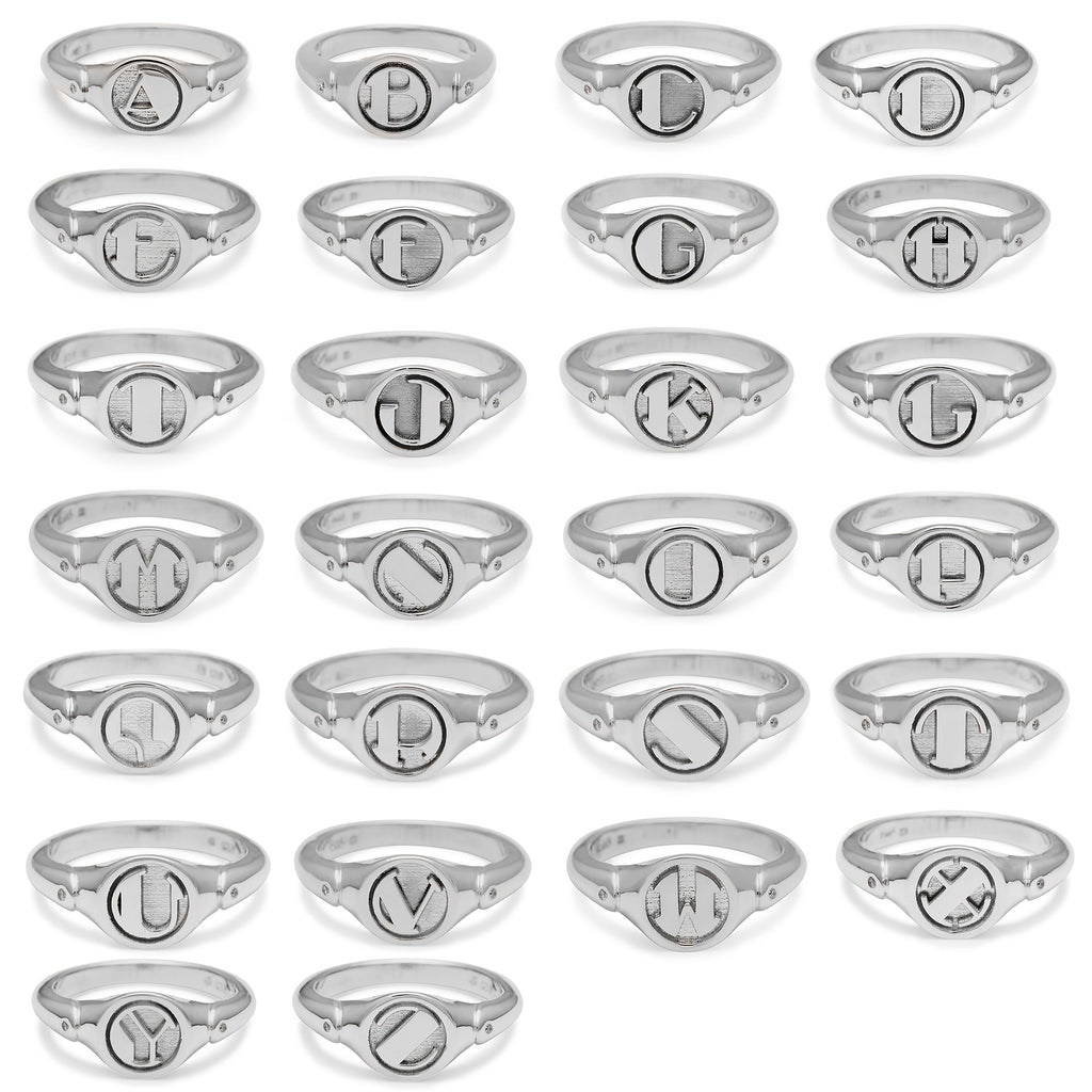 All letters in the alphabet listed for all silver signet ring options.