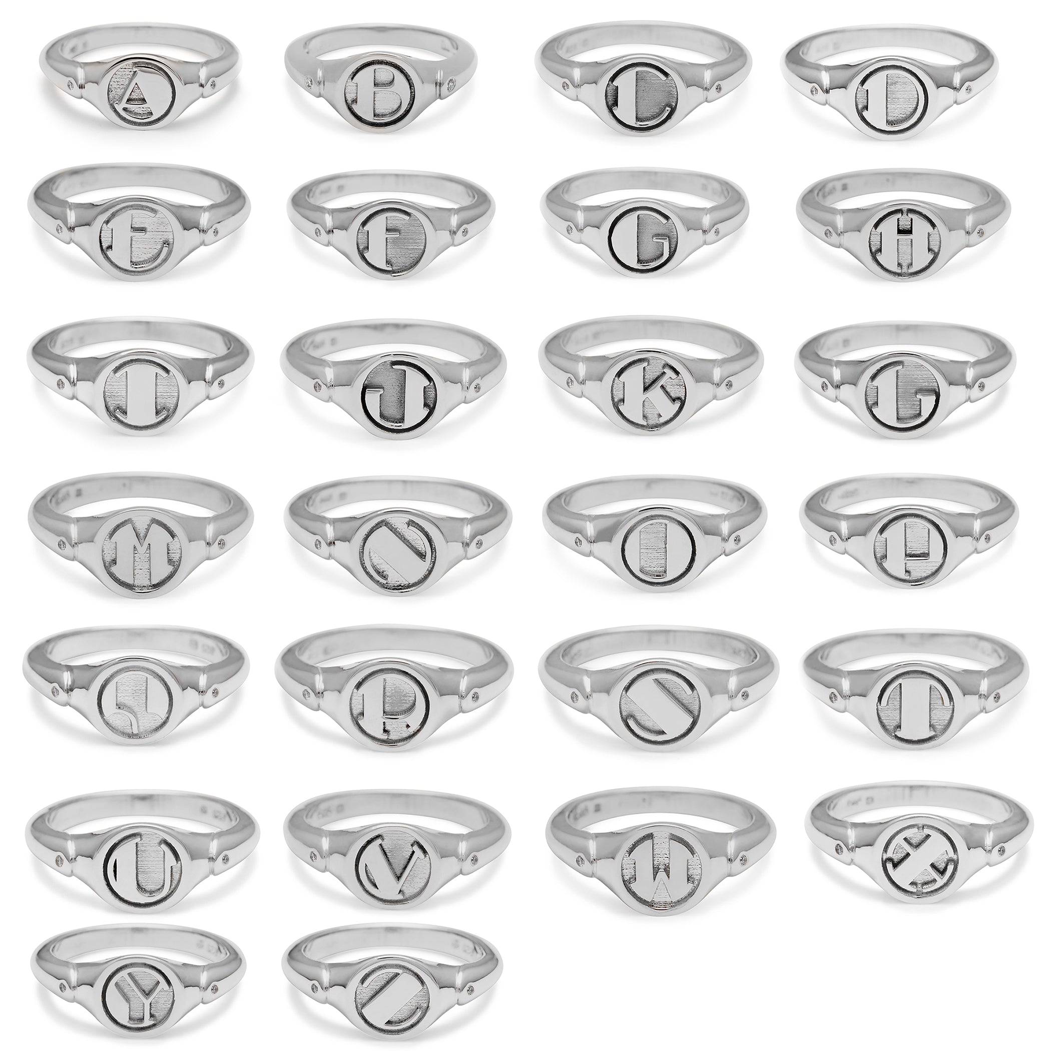 All letters in the alphabet listed for all silver signet ring options.
