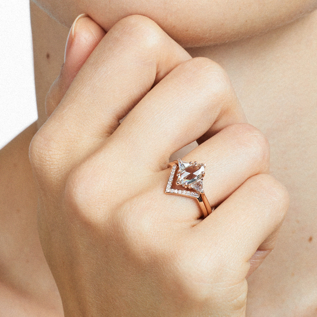 Chevron bea band with marquise white diamond rose cut engagement ring by anna sheffield. Available in Yellow Gold, Rose Gold, White Gold.