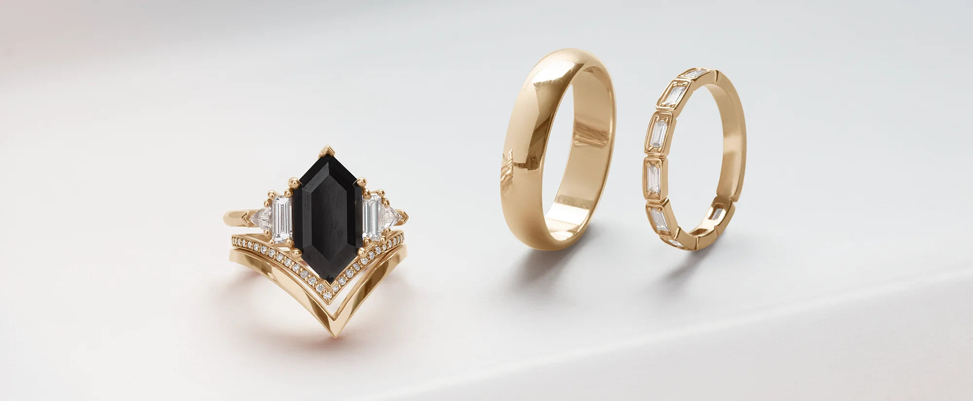 Men's and gender neutral wedding bands on anna sheffield's handmade objects dish