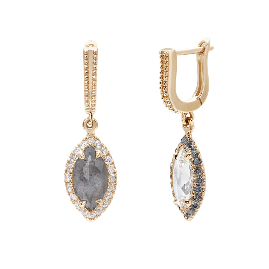 A pair of drop earrings with a U shaped hoop. One earring has white diamond pave and a marquise shaped grey diamond, the other has grey diamond pave and a marquise shaped white diamond set in yellow gold one earring angled.