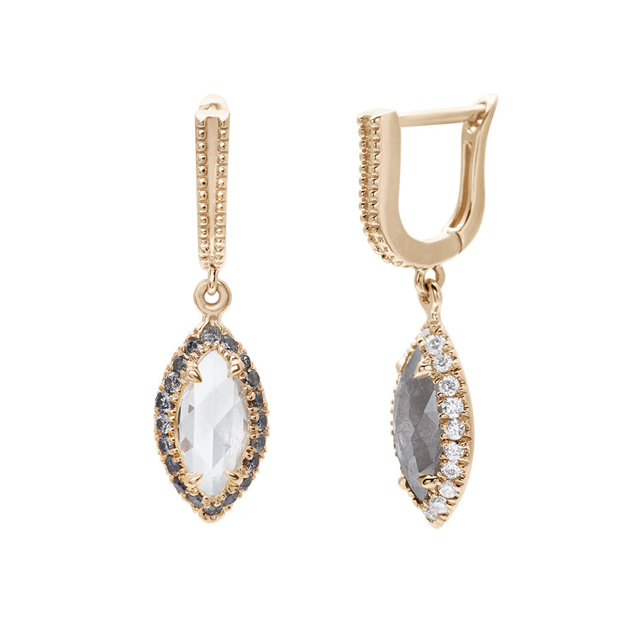 A pair of drop earrings with a U shaped hoop. One earring has white diamond pave and a marquise shaped grey diamond, the other has grey diamond pave and a marquise shaped white diamond set in yellow gold one earring is angled.