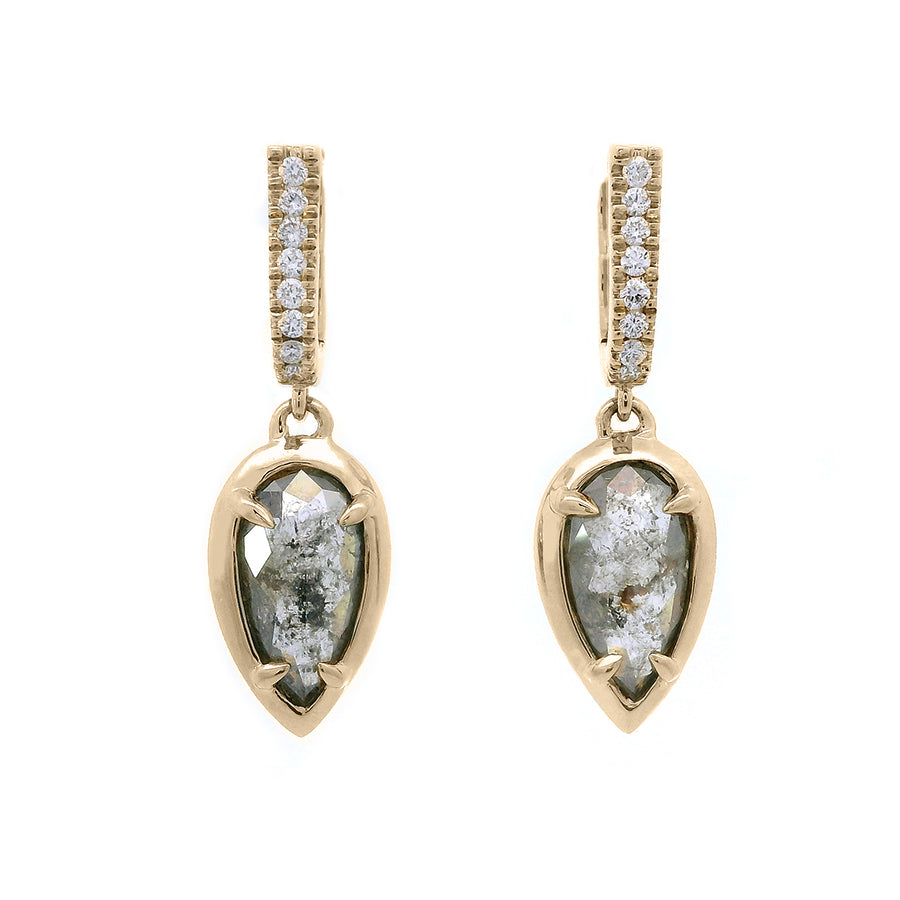 A pair of drop earrings with a U shaped hoop with white diamond pave and a pear shaped grey diamond set in yellow gold.