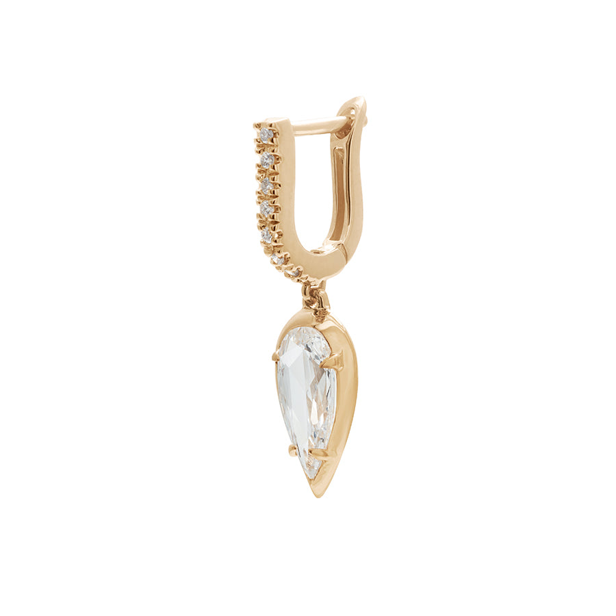Angled view of a single drop earring with a U shaped hoop with white diamond pave and a pear shaped white diamond set in yellow gold.