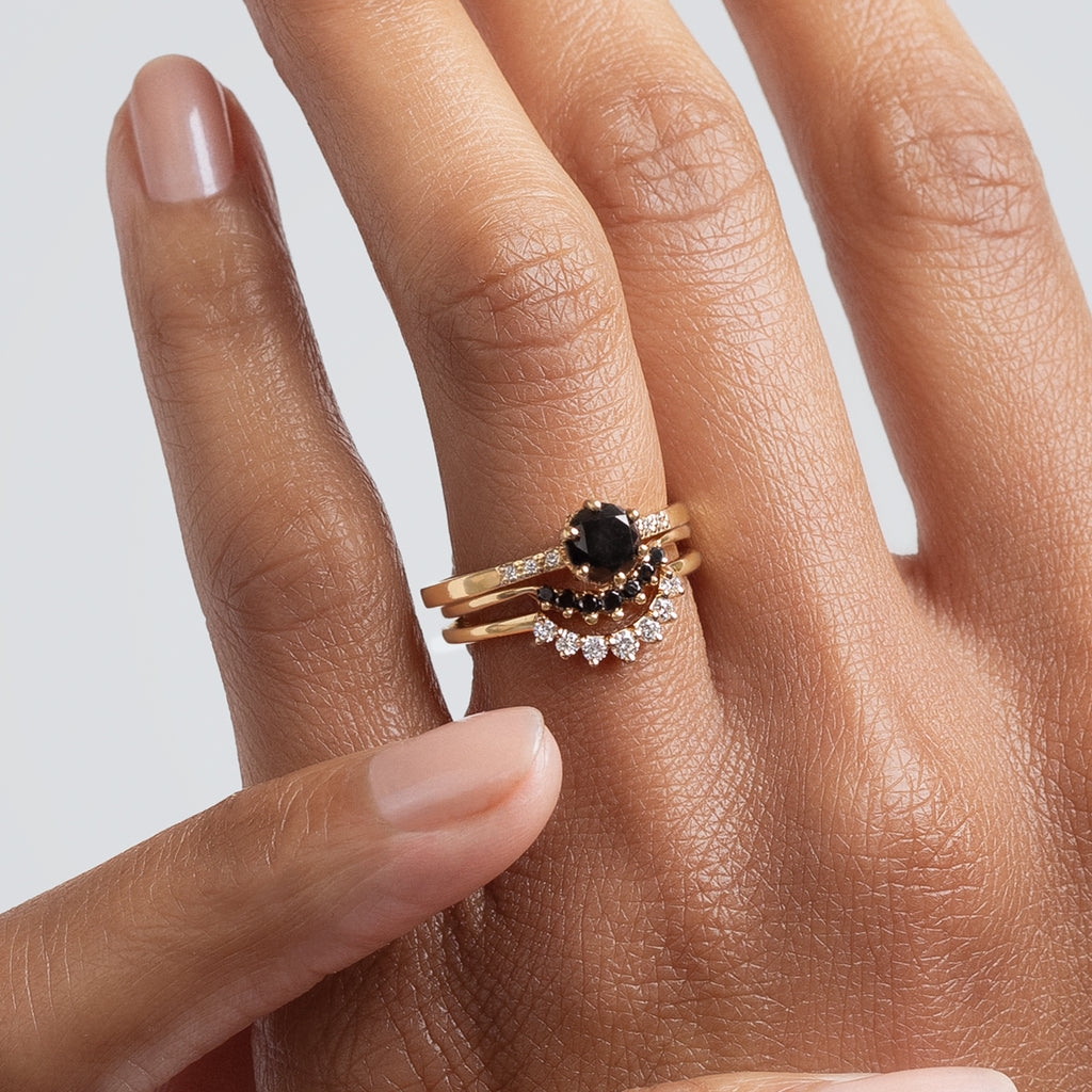 Black diamond engagement ring suite in Yellow Gold, Rose Gold, White Gold