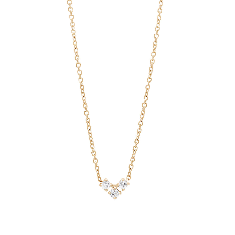Zoomed out view of a 16" chain necklace with three white diamonds in the shape of an arrow at the base set in yellow gold., Yellow Gold