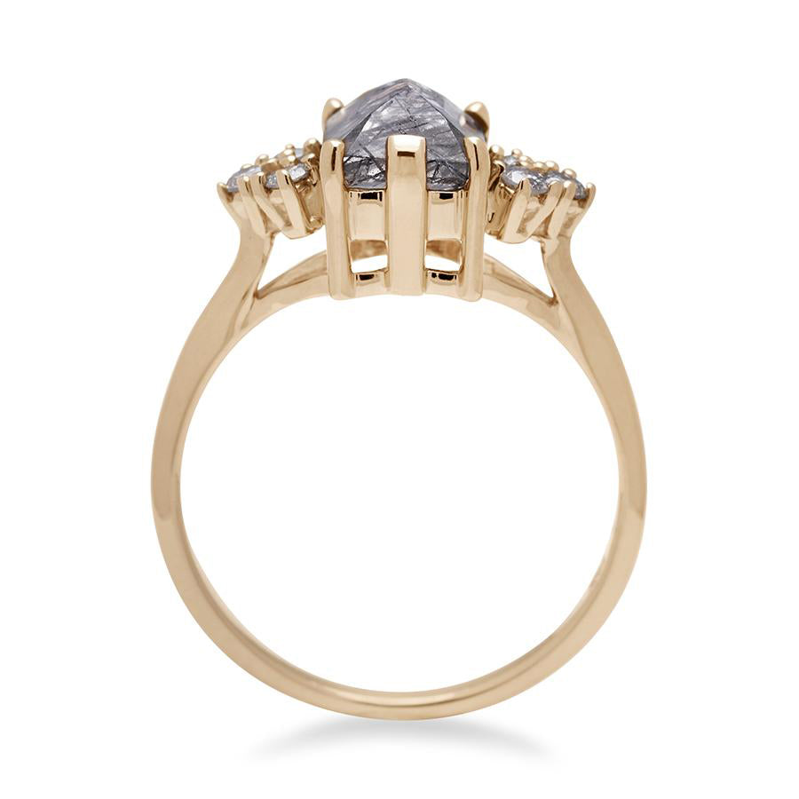 Side view of a ring with an emerald cut black rutilated quartz center with three round grey diamonds on either side in arrow shape, set in yellow gold., Yellow Gold