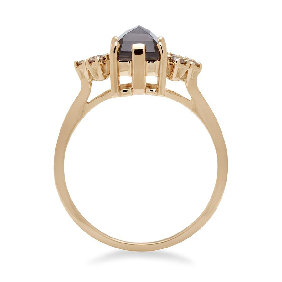 Side view of a ring with an emerald cut grey moonstone center with three round champagne diamonds on either side in arrow shape, set in yellow gold., Yellow Gold
