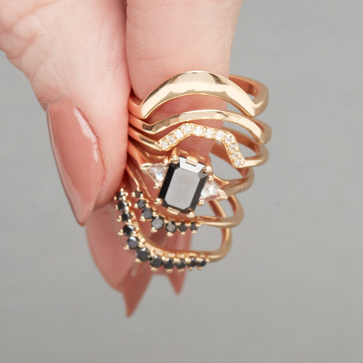 Bea Three Stone black diamond suite with Yellow Gold , Rose Gold, White Gold