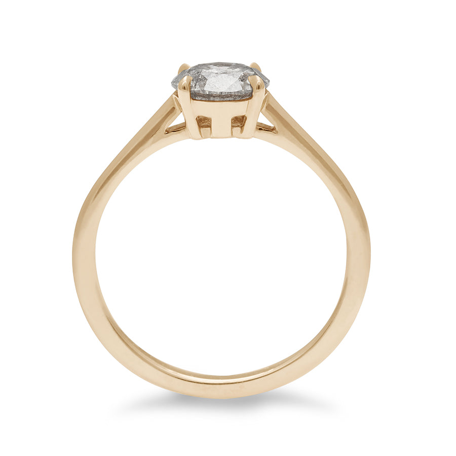 Side view of a solitaire 1.00ct round grey diamond set in yellow gold.