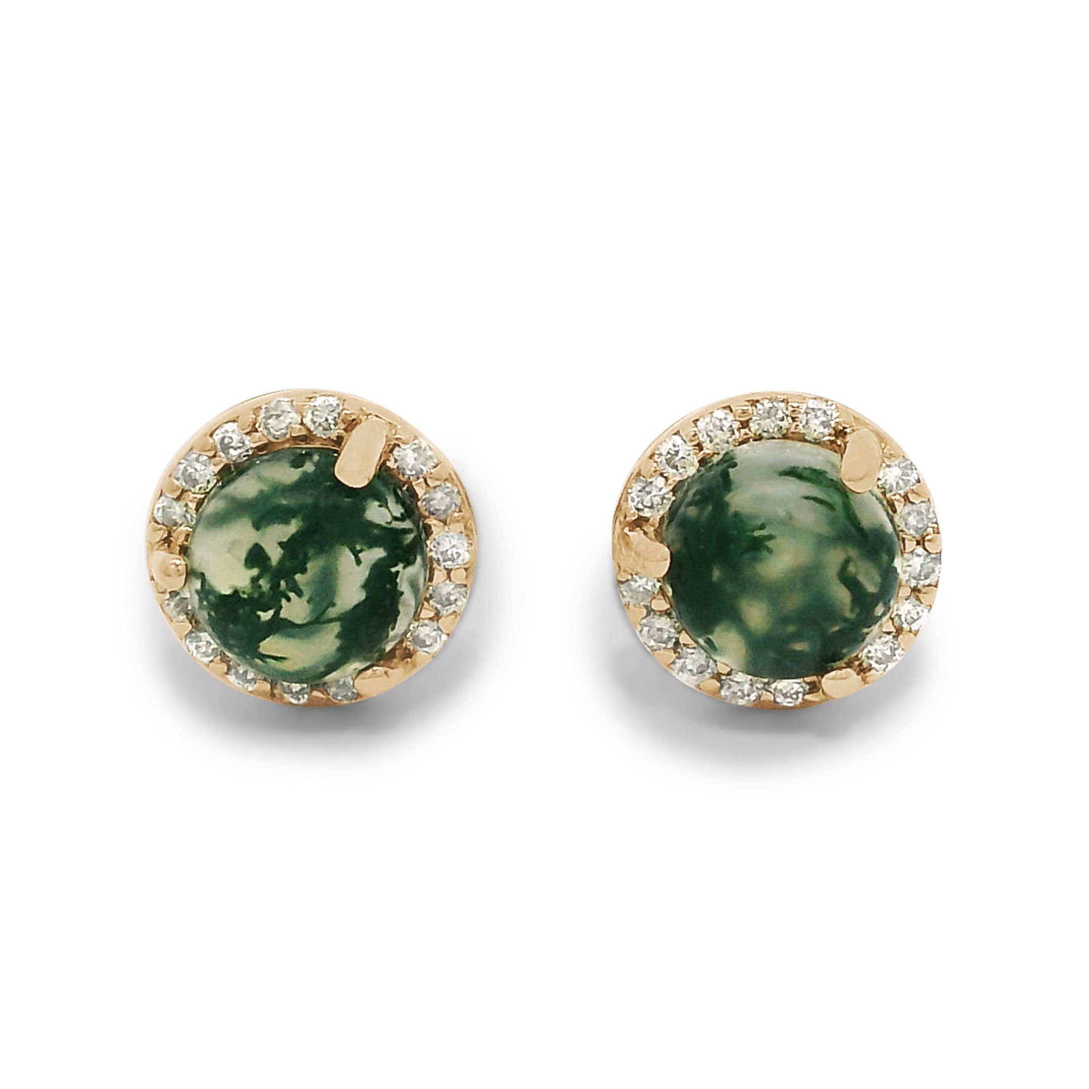 Two moss agate cabochon studs set in white diamond halos in yellow gold