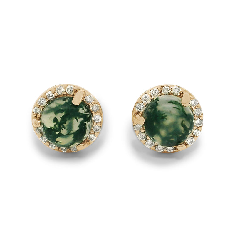 Two moss agate cabochon studs set in white diamond halos in yellow gold