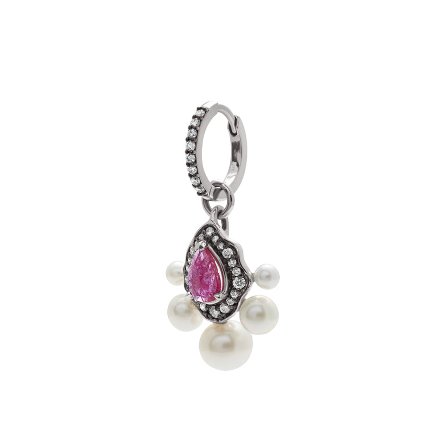 Angled view of a single drop hoop with a pear ruby surrounded by a white diamond halo with 5 pearls at the bottom of the charm set in white gold.