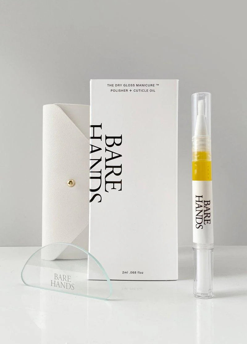 Bare Hands nail care product with packaging on a gray background