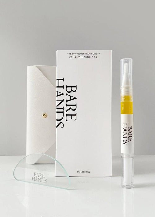 Bare Hands nail care product with packaging on a gray background