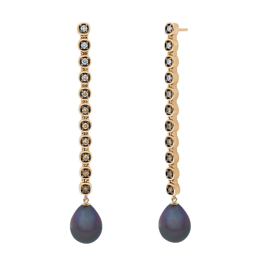 A pair of cascading line drop earrings with white and champagne diamonds set in eternity with Tahitian pearls at the ends with rhodium set in yellow gold.