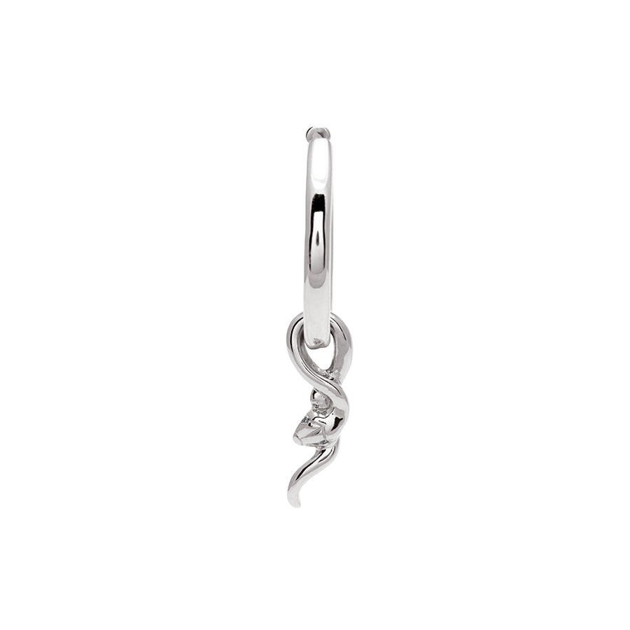 A single hoop earring with a serpent charm at the bottom set in sterling silver.