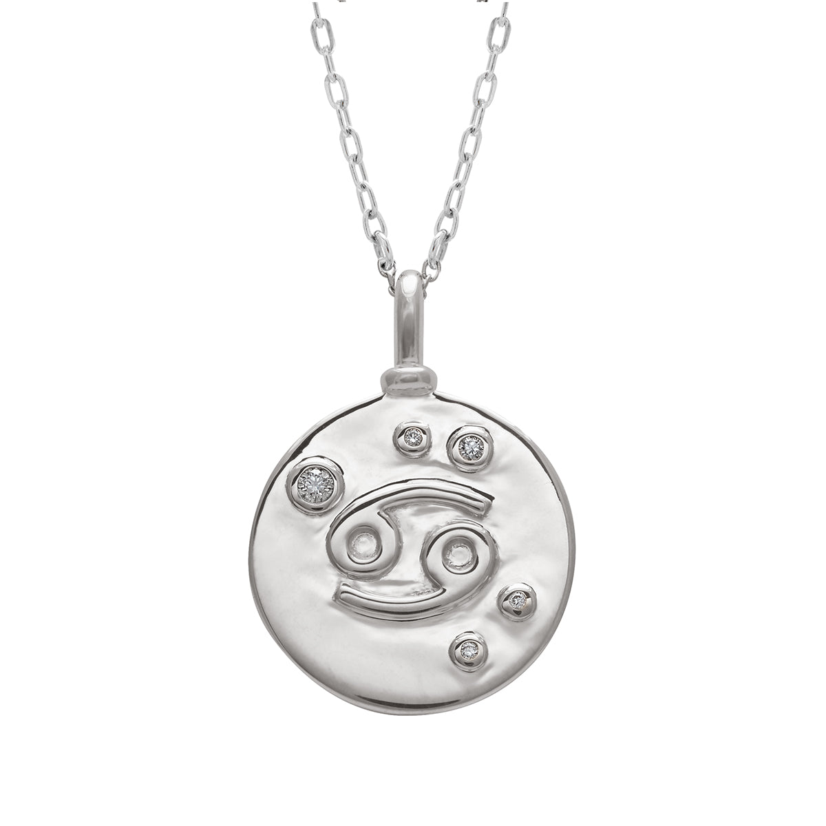 A 18mm charm with the Cancer zodiac sign set in sterling silver with grey diamond stones on a sterling silver chain.