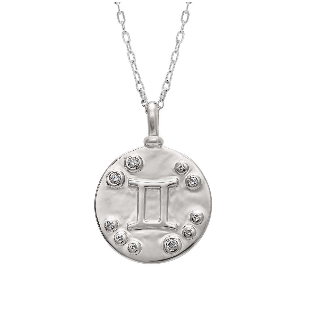A 18mm charm with the Gemini zodiac sign set in sterling silver with grey diamond stones on a sterling silver chain.