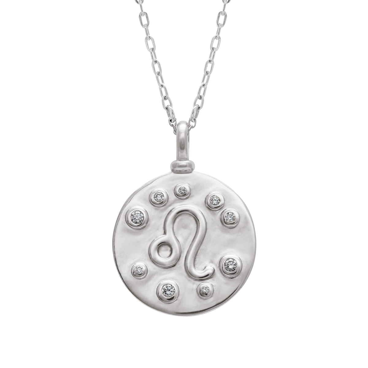 A 18mm charm with the Leo zodiac sign set in sterling silver with grey diamond stones on a sterling silver chain.