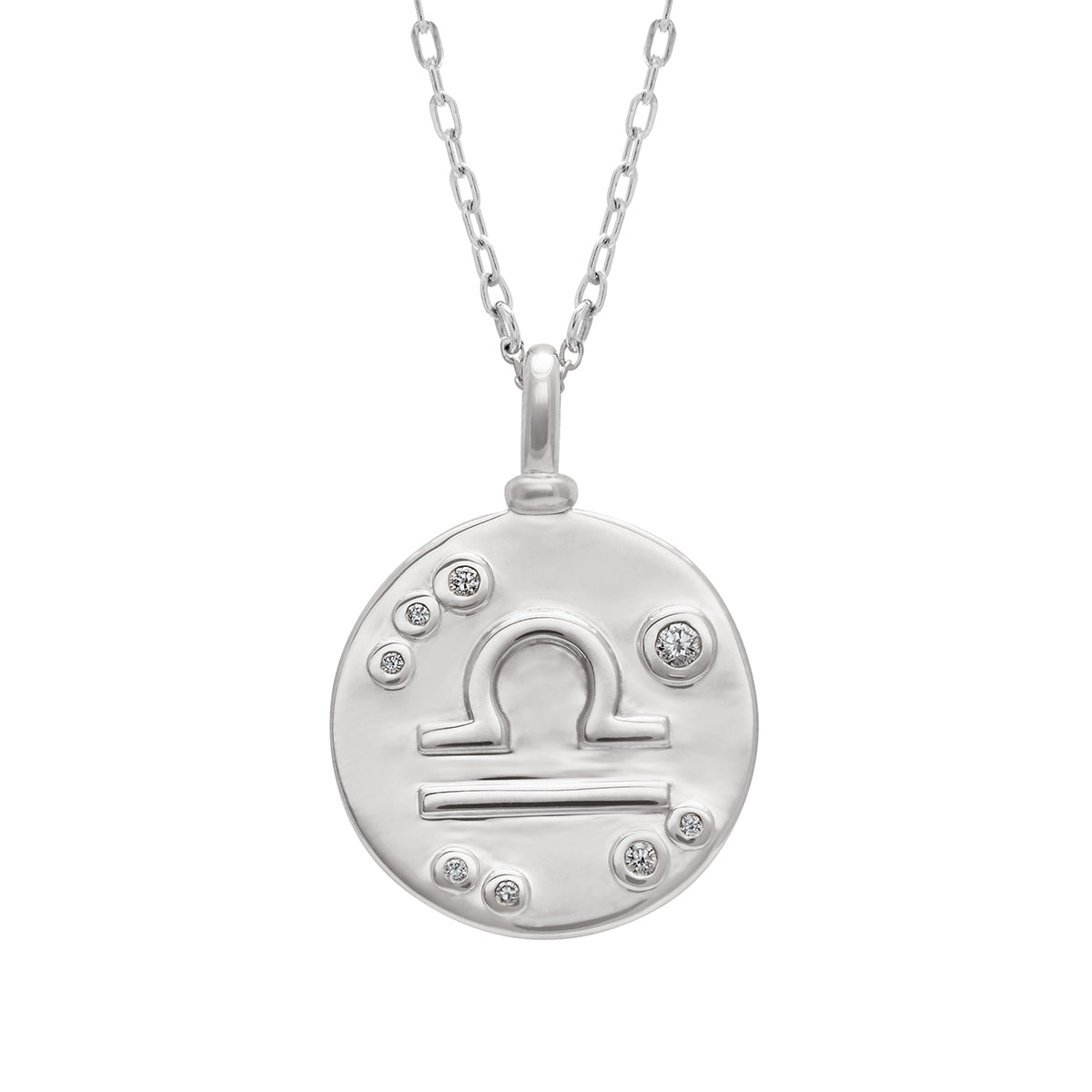 A 18mm charm with the Libra zodiac sign set in sterling silver with grey diamond stones on a sterling silver chain.