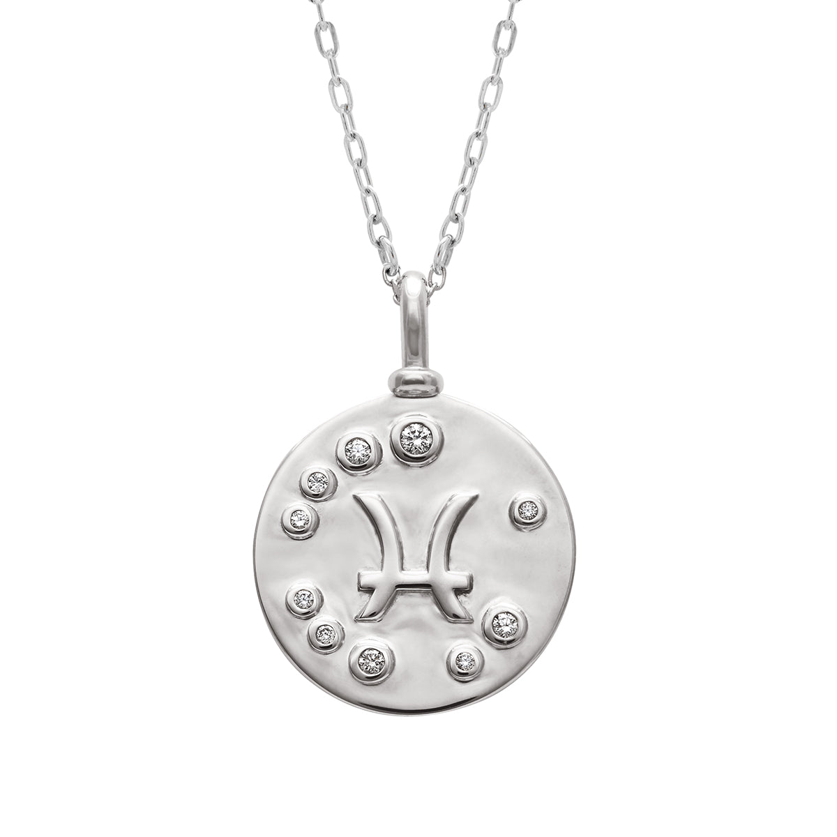 A 18mm charm with the Pisces zodiac sign set in sterling silver with grey diamond stones on a sterling silver chain.