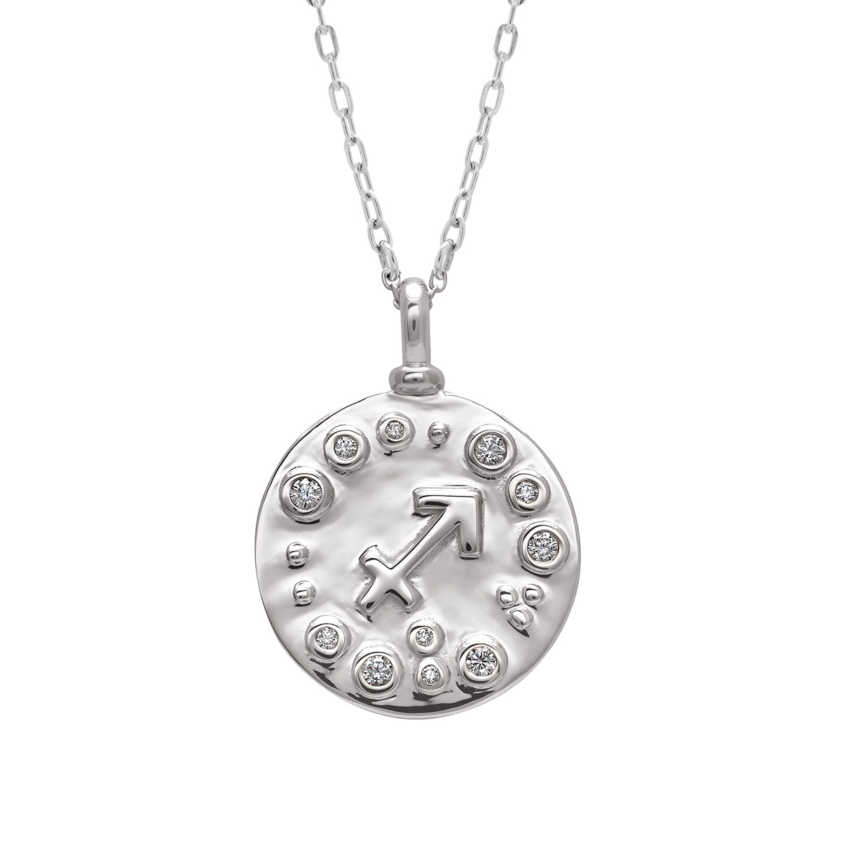 A 18mm charm with the Sagittarius zodiac sign set in sterling silver with grey diamond stones on a sterling silver chain.