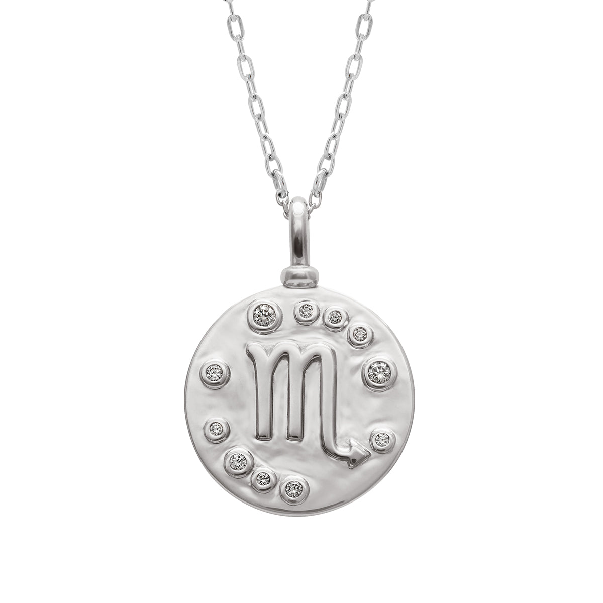 A 18mm charm with the Scorpio zodiac sign set in sterling silver with grey diamond stones on a sterling silver chain.