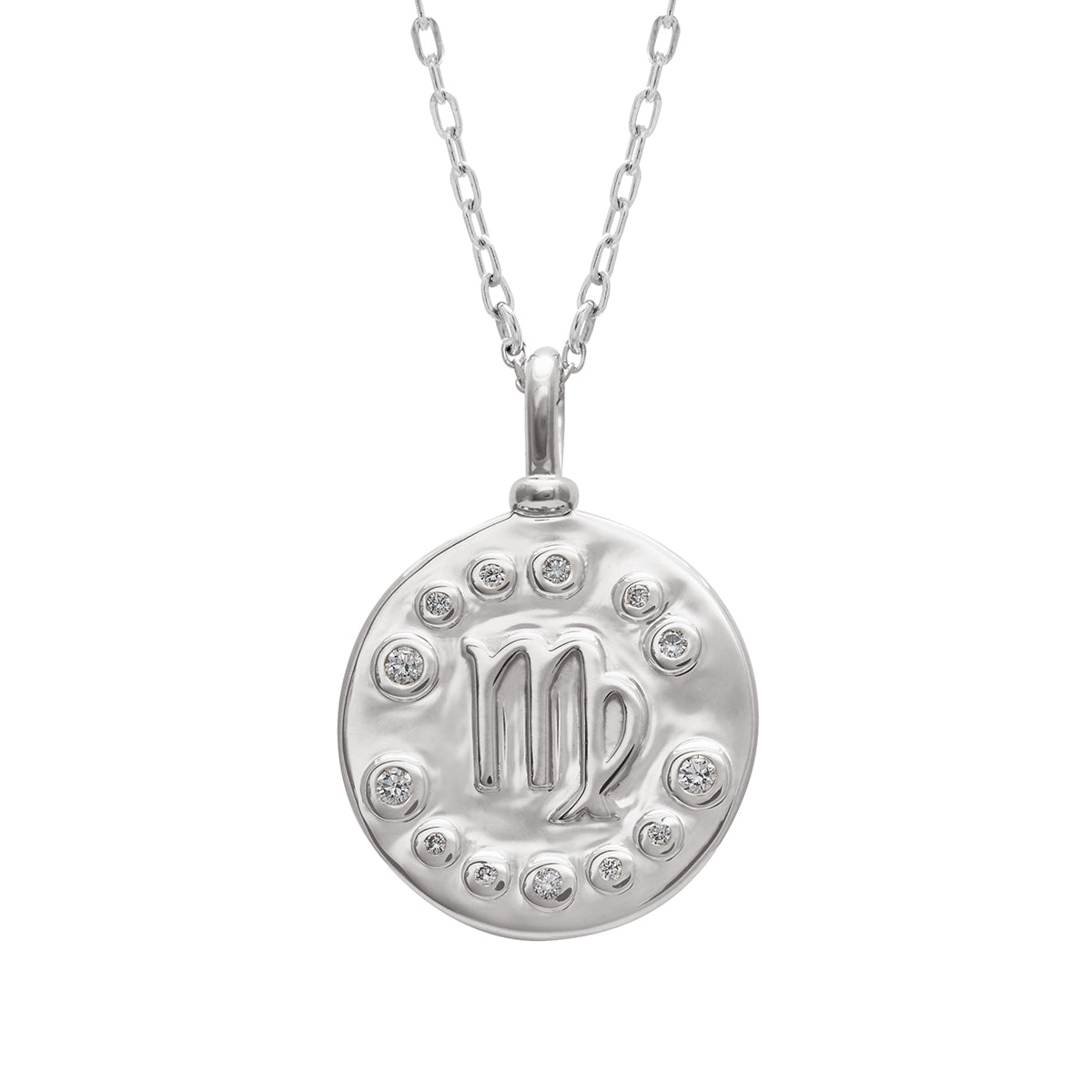 A 18mm charm with the Virgo zodiac sign set in sterling silver with grey diamond stones on a sterling silver chain.