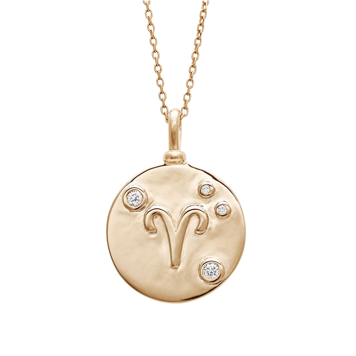A 18mm charm with the Aries zodiac sign set in yellow gold with white diamond stones on a yellow gold chain.