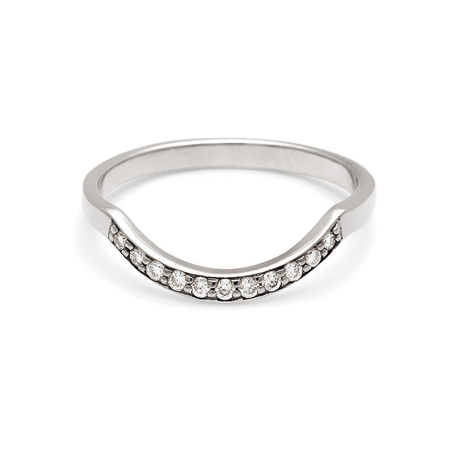 A diamond dusted curve band with white diamonds set in white gold., White Gold