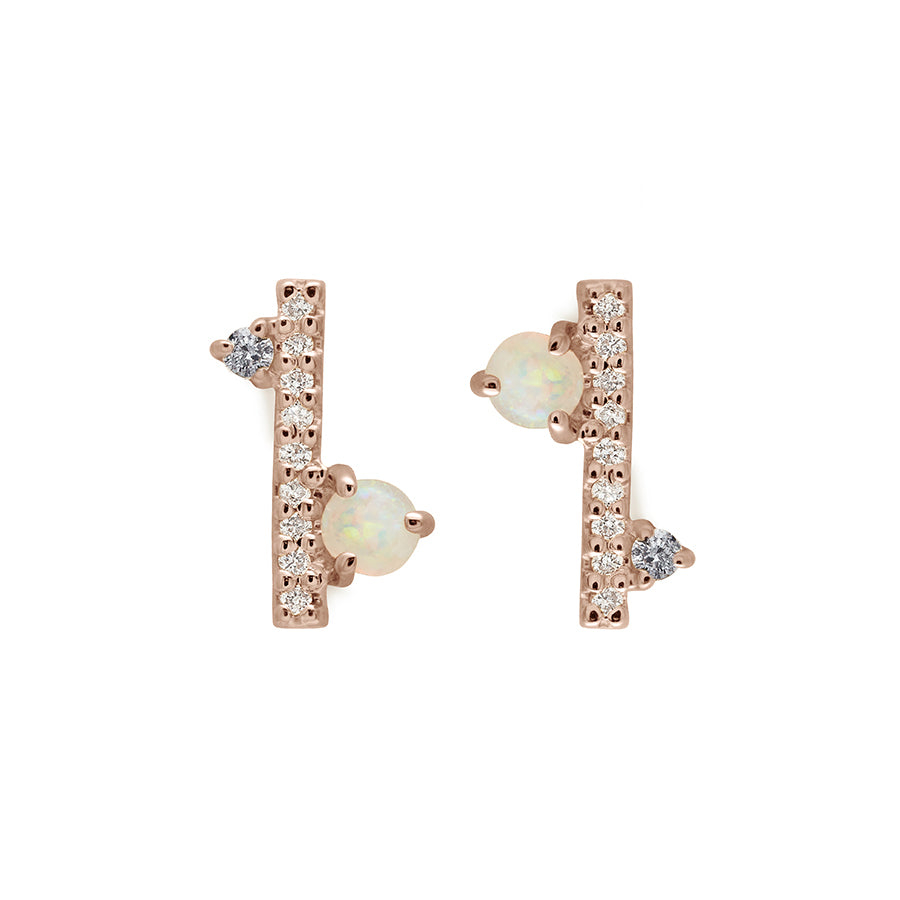 A pair of studs with a straight line of white diamond pave with an opal accent stones on one side and grey diamond on the other set in rose gold., Rose Gold