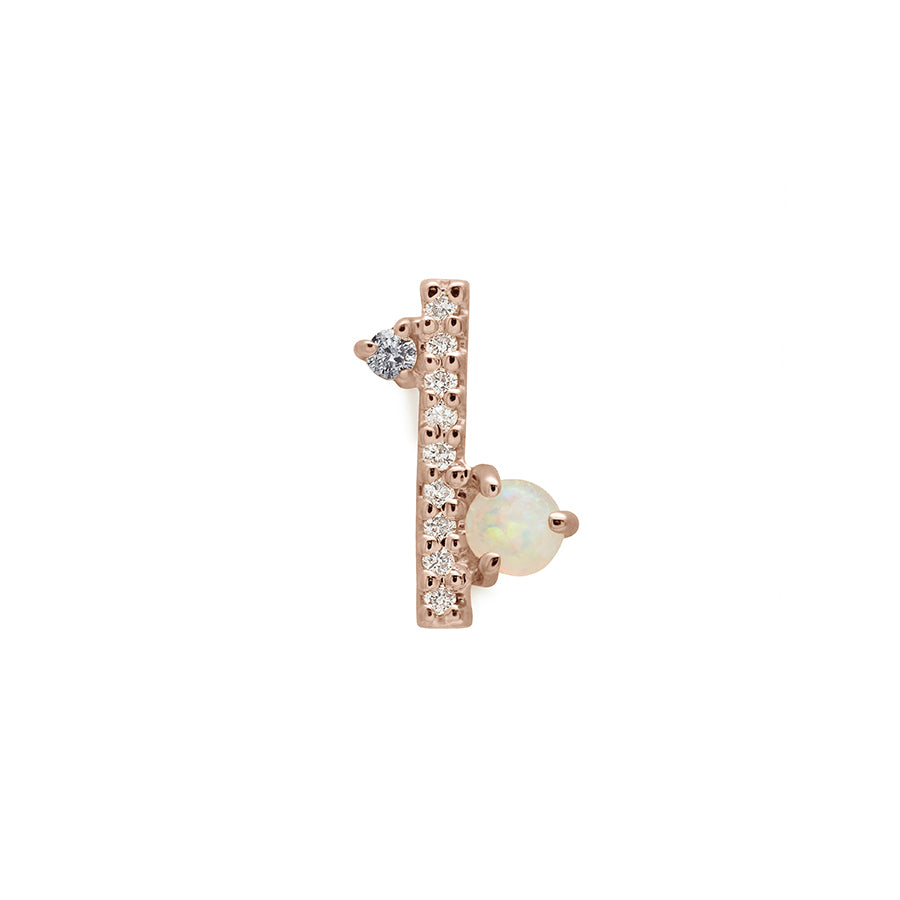 A single stud with a straight line of white diamond pave with an opal accent stones on one side and grey diamond on the other set in rose gold., Rose Gold