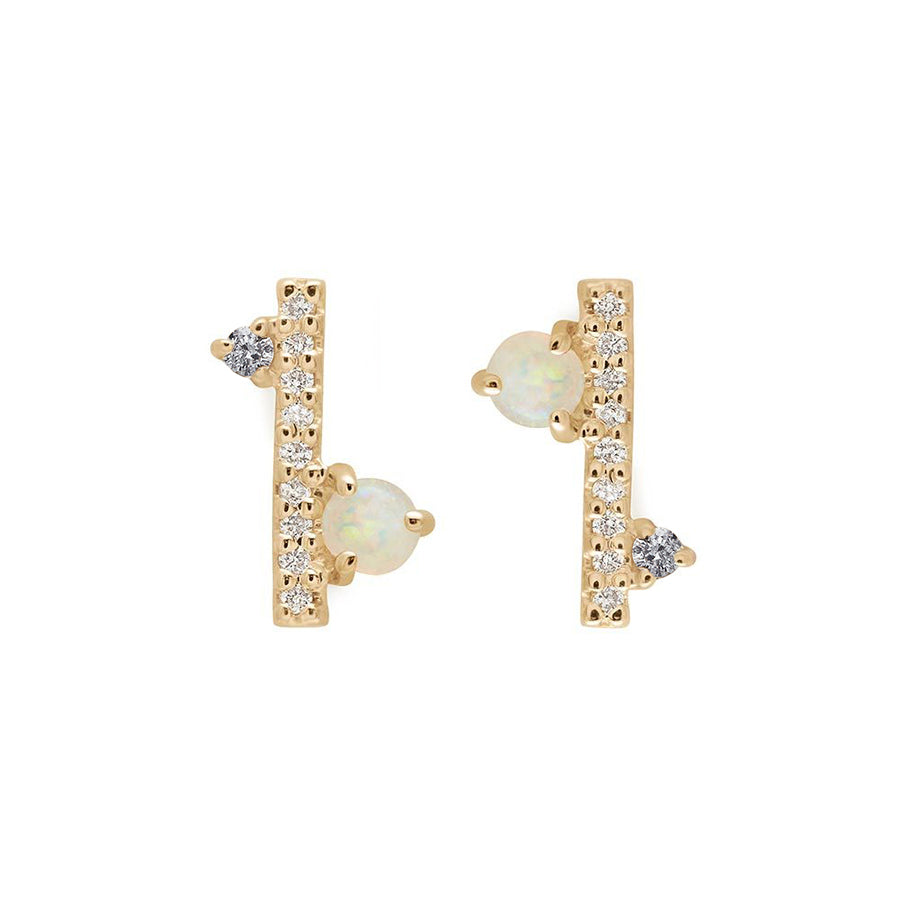 A pair of studs with a straight line of white diamond pave with an opal accent stones on one side and grey diamond on the other set in yellow gold., Yellow Gold