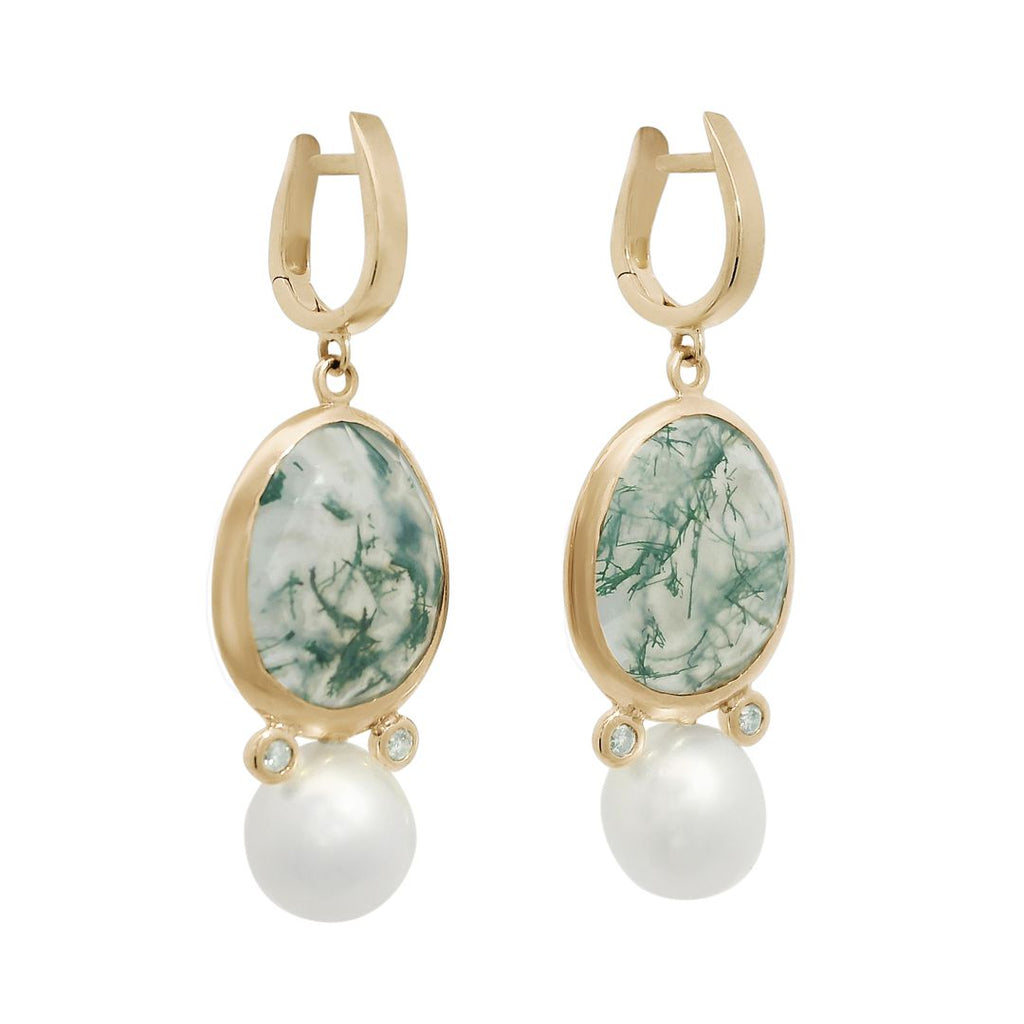 Gold drop earrings with green oss agate marbled stones and white pearls on a white background