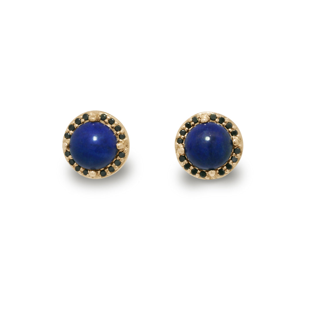 Pair of gold earrings with blue stones on a white background