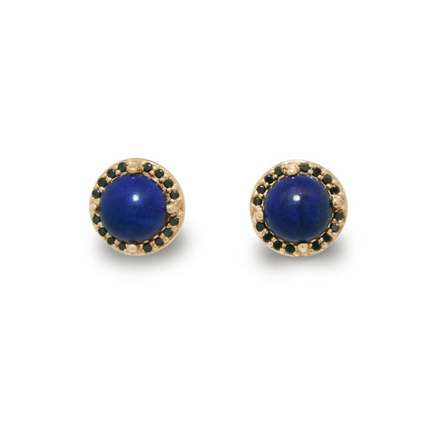 Pair of gold earrings with blue stones on a white background